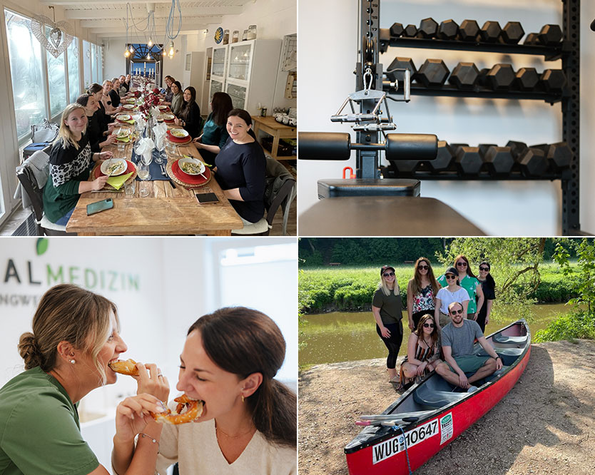 Eine Collage aus zwei Events. Kanufahren und Abendesse. Aus einen Ausschnitt unseres Fitnesstudios und zwei Mitarbeiterin die gemeinsam in eine Breze beissen und Spass haben