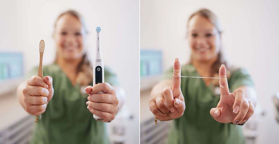 Hier sieht man zweimal die selbe Arzthelferin. Einmal mit einer elektrischen Zahnbürste und einmal mit Zahnseide in der Hand