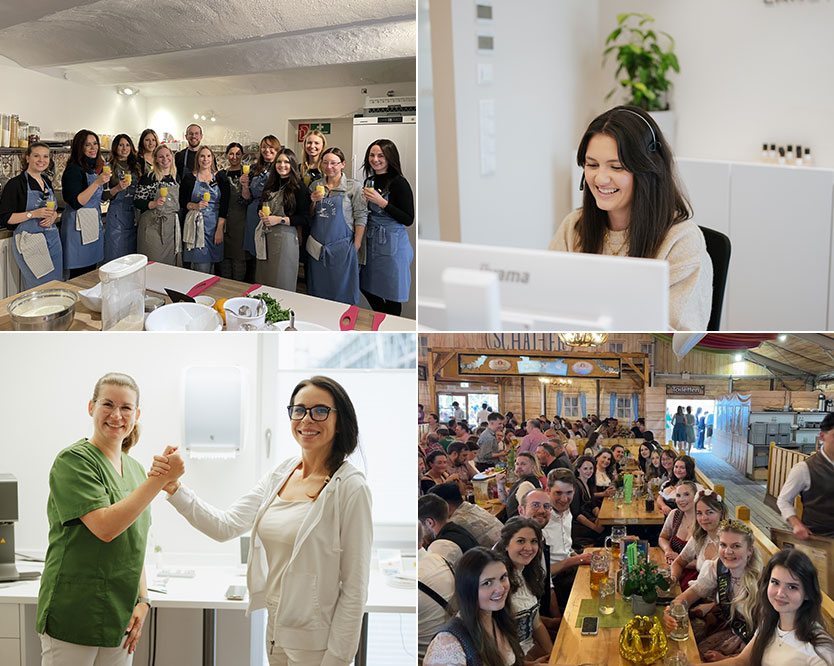 Collage aus zwei Events. Plaerrerbesuch und Kochkurs. Aus einer Dame am Empfang, die in den Rechner sieht und zwei Mitarbeiterinnen, die sich die Hand reichen.